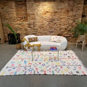 Handmade Moroccan Woolen White Rug with Colorful Berber Symbols