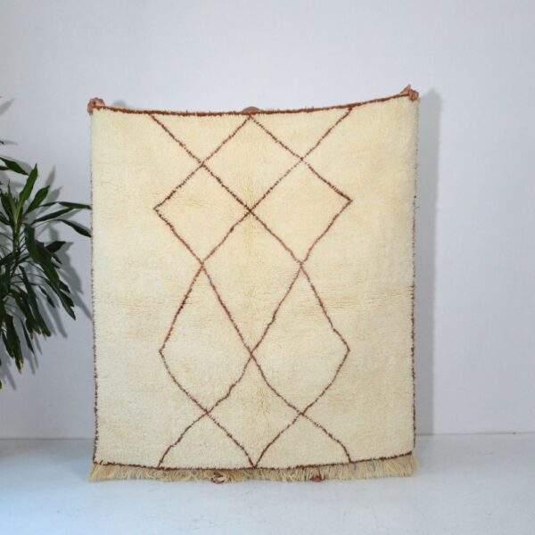 Beni Ourain Moroccan handmade white woolen rug with brown diamonds