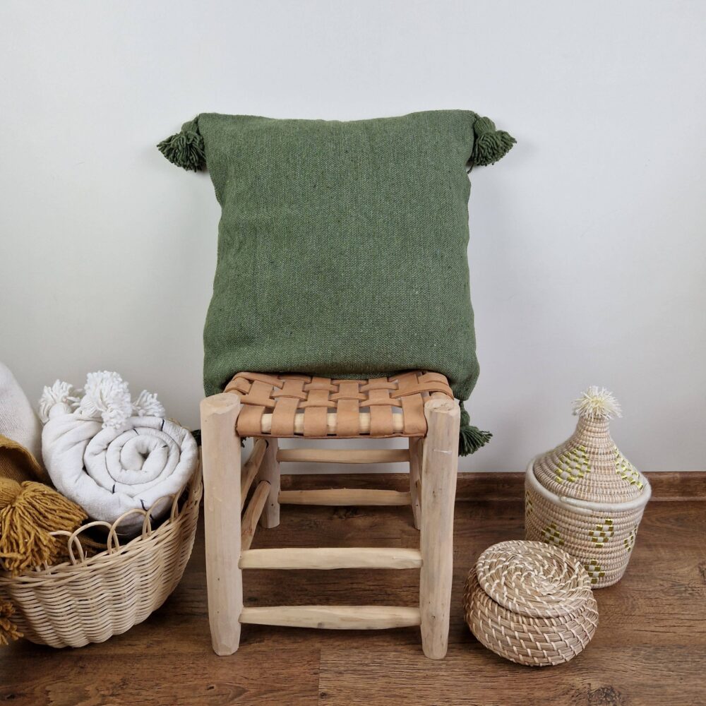 handmade Green cotton pillow with pom poms