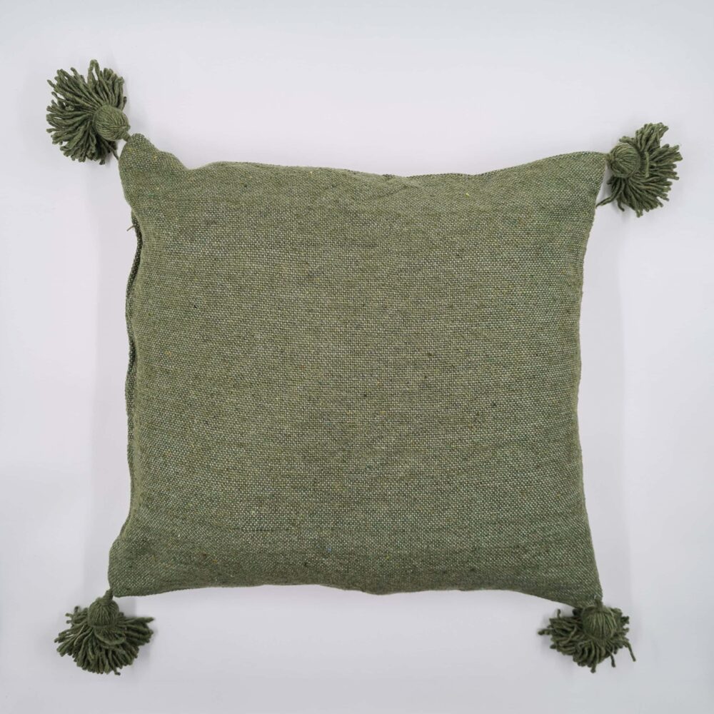 handmade Green cotton pillow with pom poms