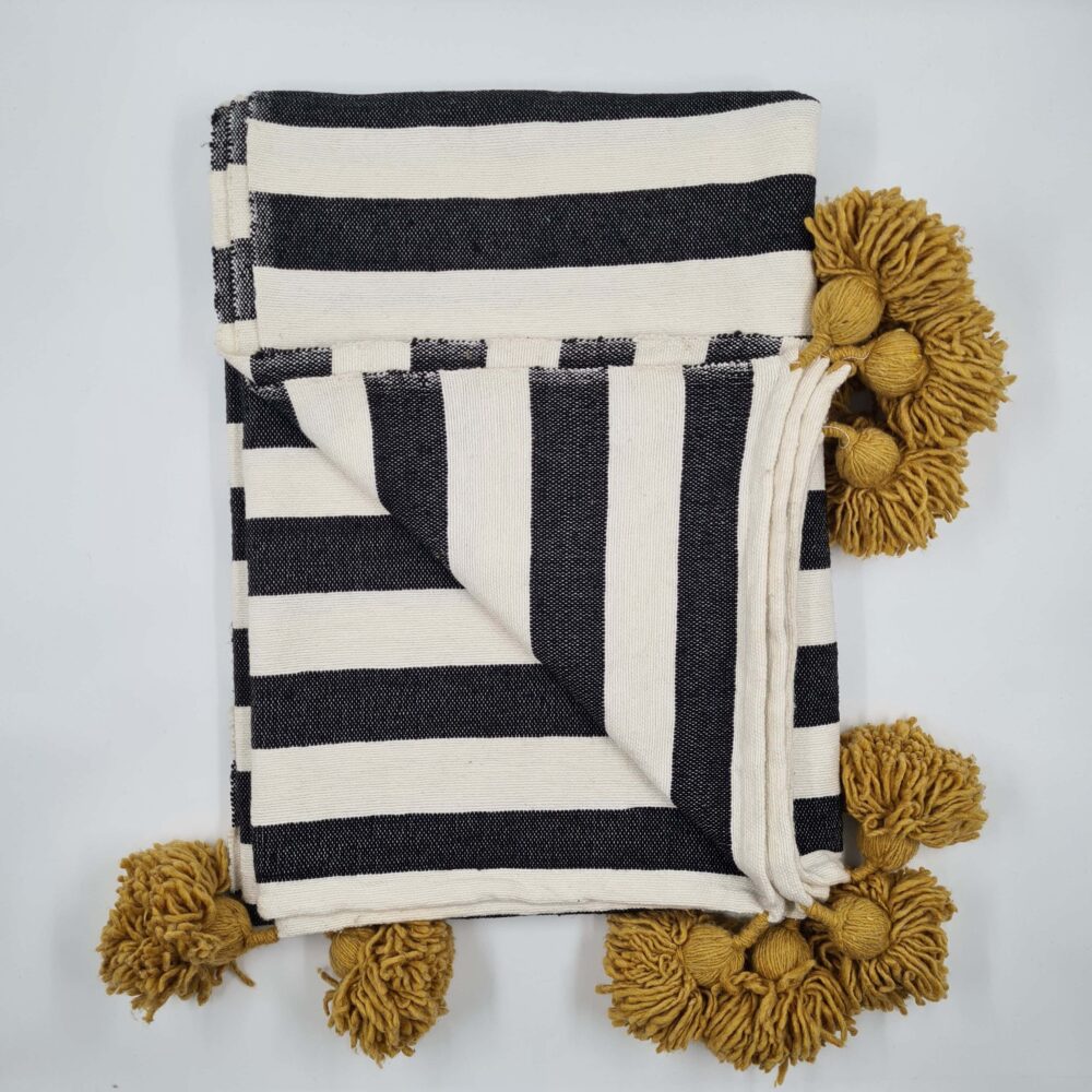 Handmade Cotton Blankets with Mustard Pom poms