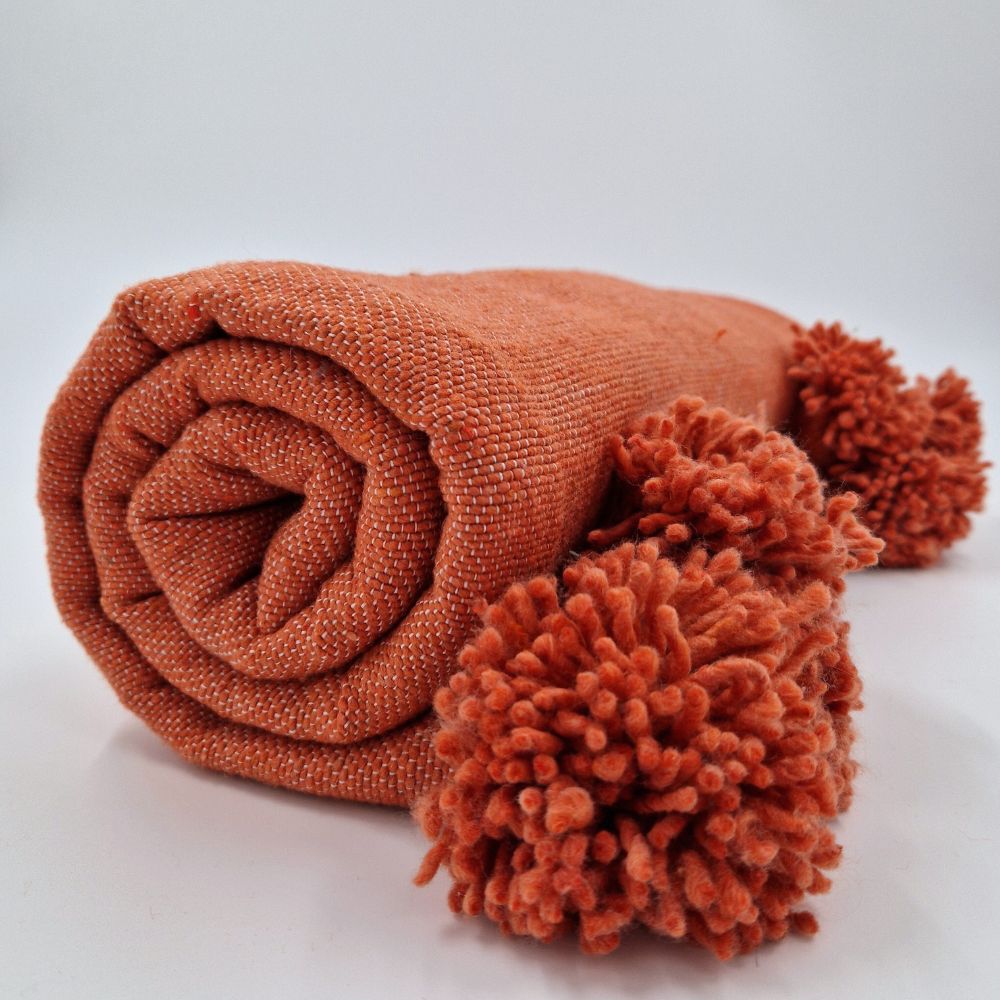 Handmade Moroccan Orange Blanket from cotton with orange pom poms