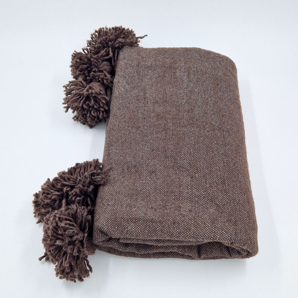 Handmade Moroccan Brown Blanket with Brown Pom Poms