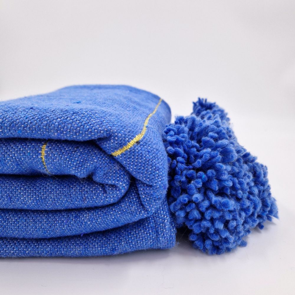 Handmade Moroccan Blue Blanket with Blue pom poms and Golden Lines