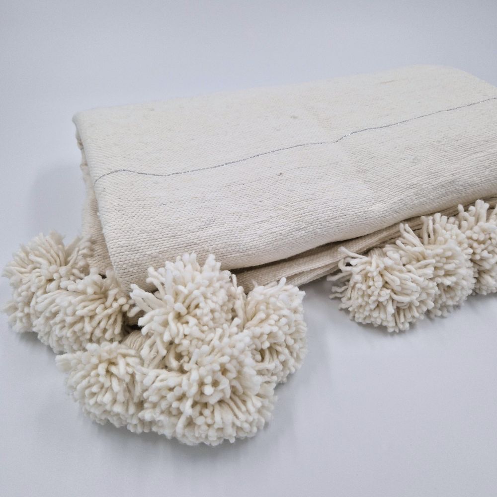 Handmade Moroccan White Pompom Blanket with Silver Lines and White Pompoms