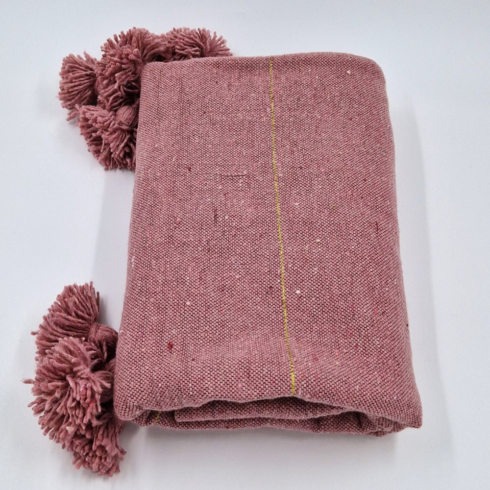 Handmade Moroccan Pink Blanket with Pink Pom Poms and Golden Lines