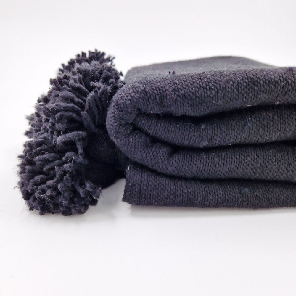 Handmade Moroccan Black Cotton Blanket with Black pompoms