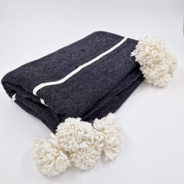 Handmade Moroccan cotton Blanket black with white stripes and white pom poms