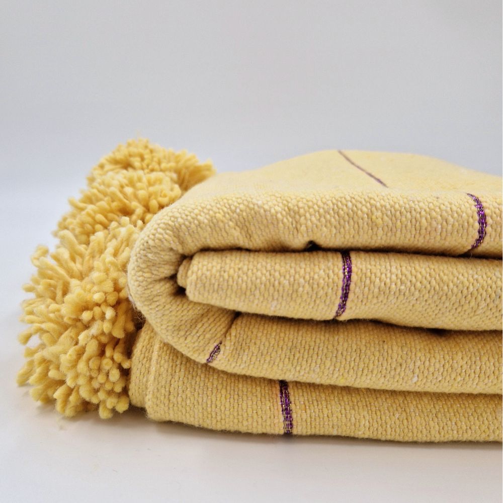 Handmade Yellow Blanket with Pom poms