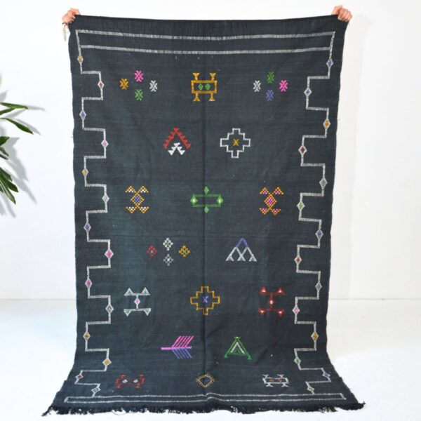 Handmade Black Cactus Silk Rug with Berber Colorful symbols