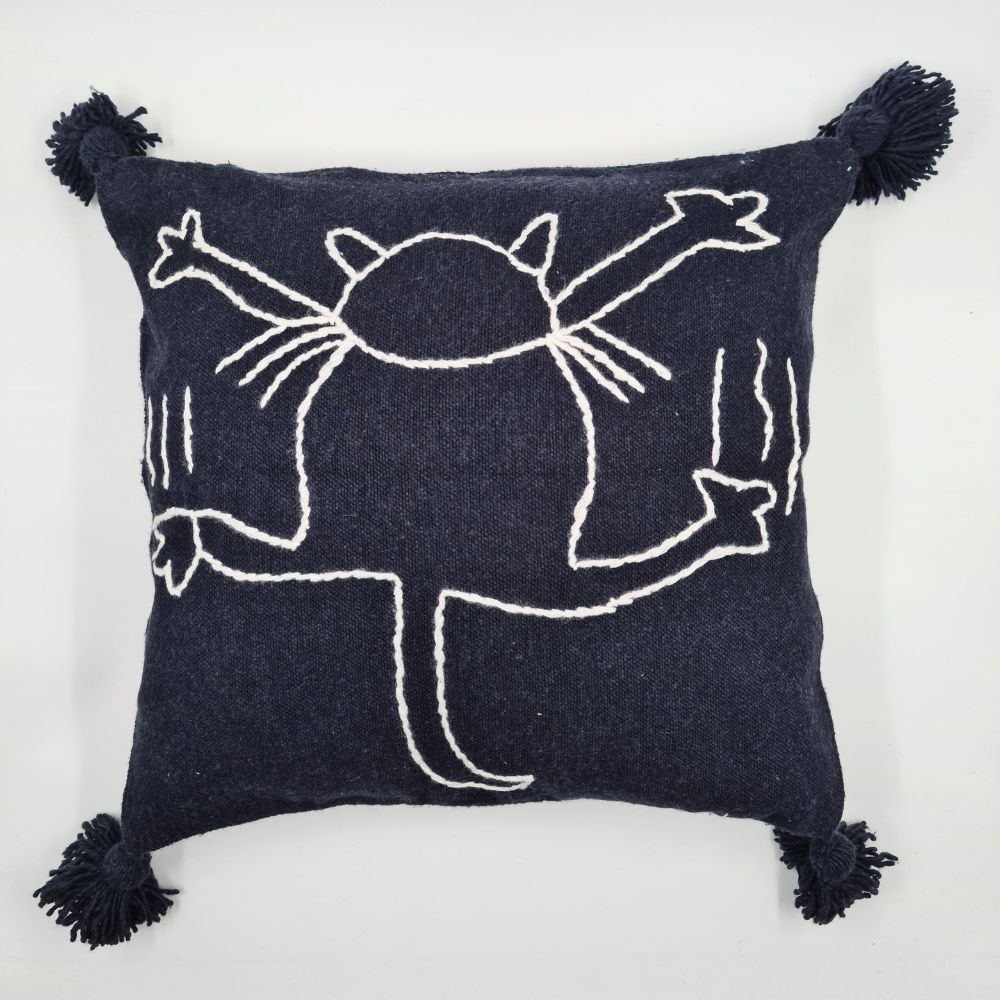 Handmade cotton pillow dark blue with white cat design
