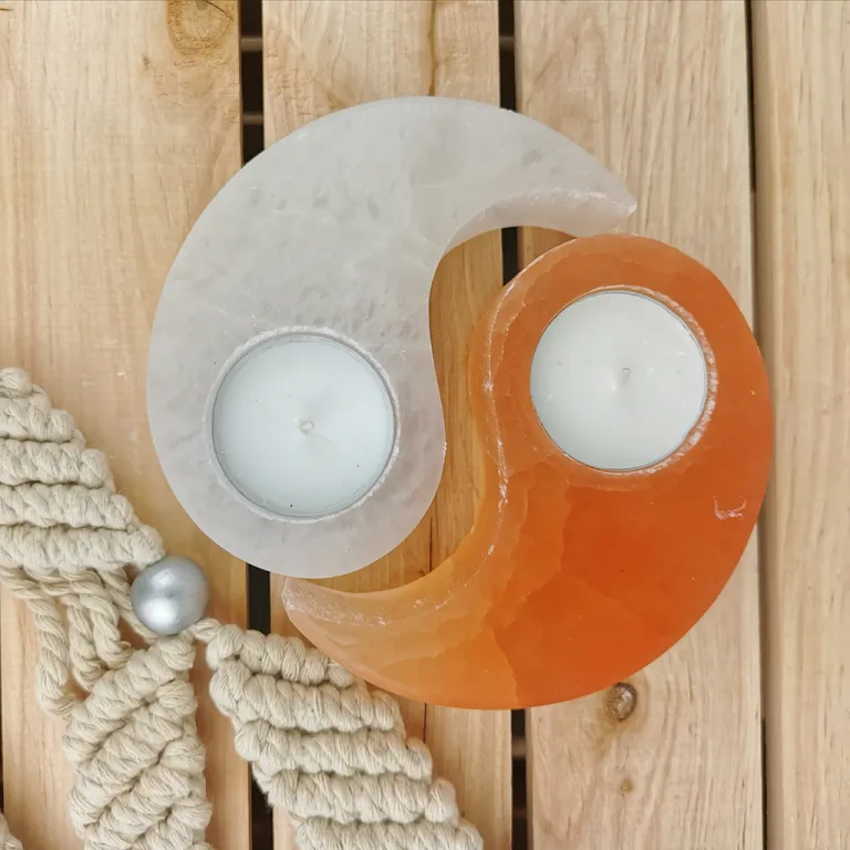 Ying Yang Peach and White Selenite Tealight Holders