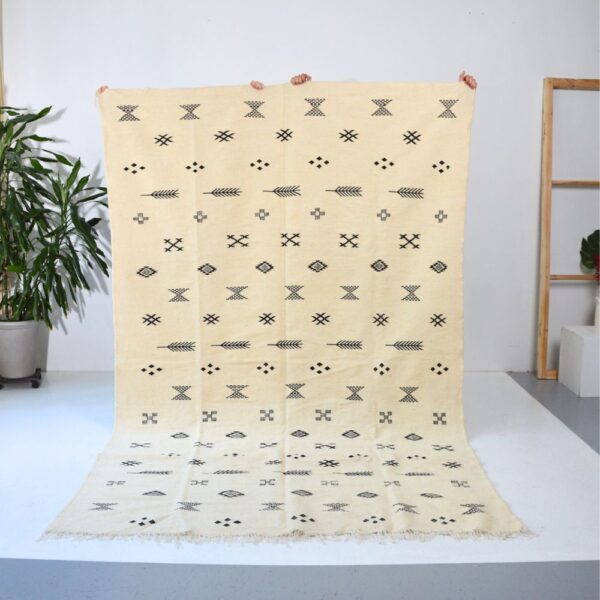 Handmade White Woolen Rug with Berber Symbols