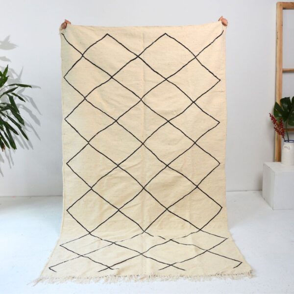 Handmade White Moroccan Woolen Rug with black diamnond shapes