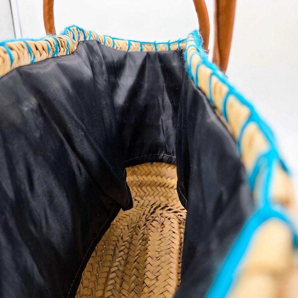 Moroccan Turquoise Bead Basket Bag — Handwoven Straw Tote with Leather Handles - Image 3