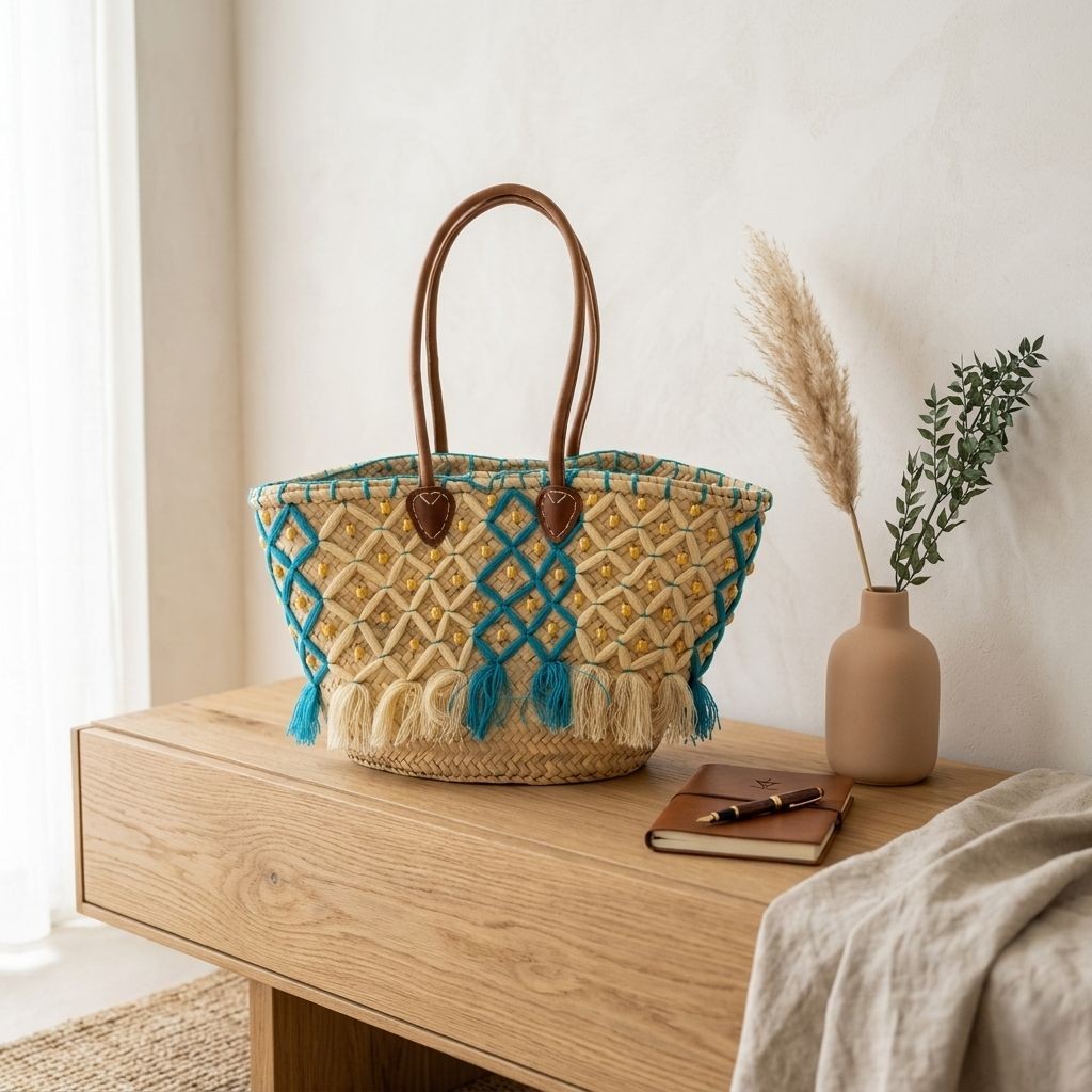 Moroccan Turquoise Bead Basket Bag — Handwoven Straw Tote with Leather Handles - Image 4