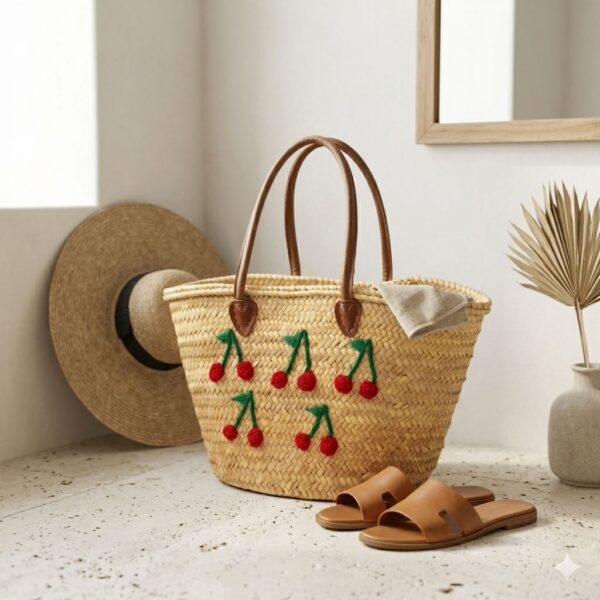 Moroccan cherry basket bag with red crochet cherry clusters, green stem embroidery, and leather handles