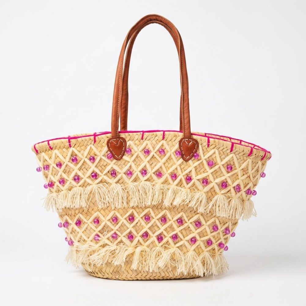 Moroccan pink bead basket bag with fuchsia crystal beads, cream fringe, and leather handles