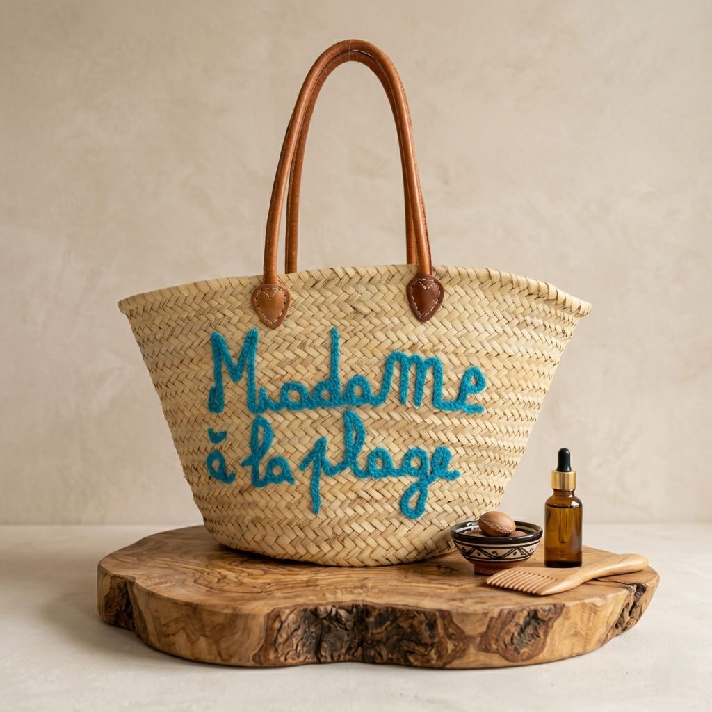 Beach quote basket bag with "Madame à la Plage" hand-stitched in teal thread and leather handles