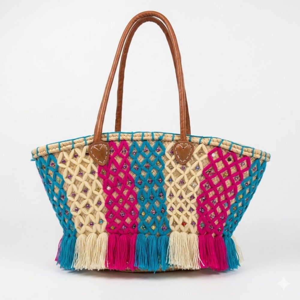 Moroccan macramé basket bag with teal, cream, and fuchsia lattice overlay, crystal beads, fringe hem, and leather handles