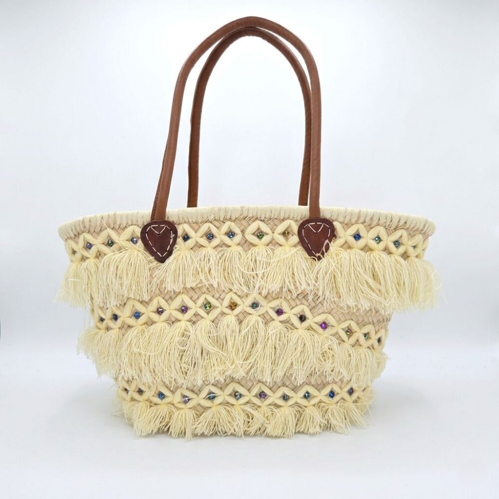 Handwoven Moroccan fringe basket bag with cream macramé thread, multicoloured crystal gems, and leather handles. A unique artisan tote. Ships EU & USA.