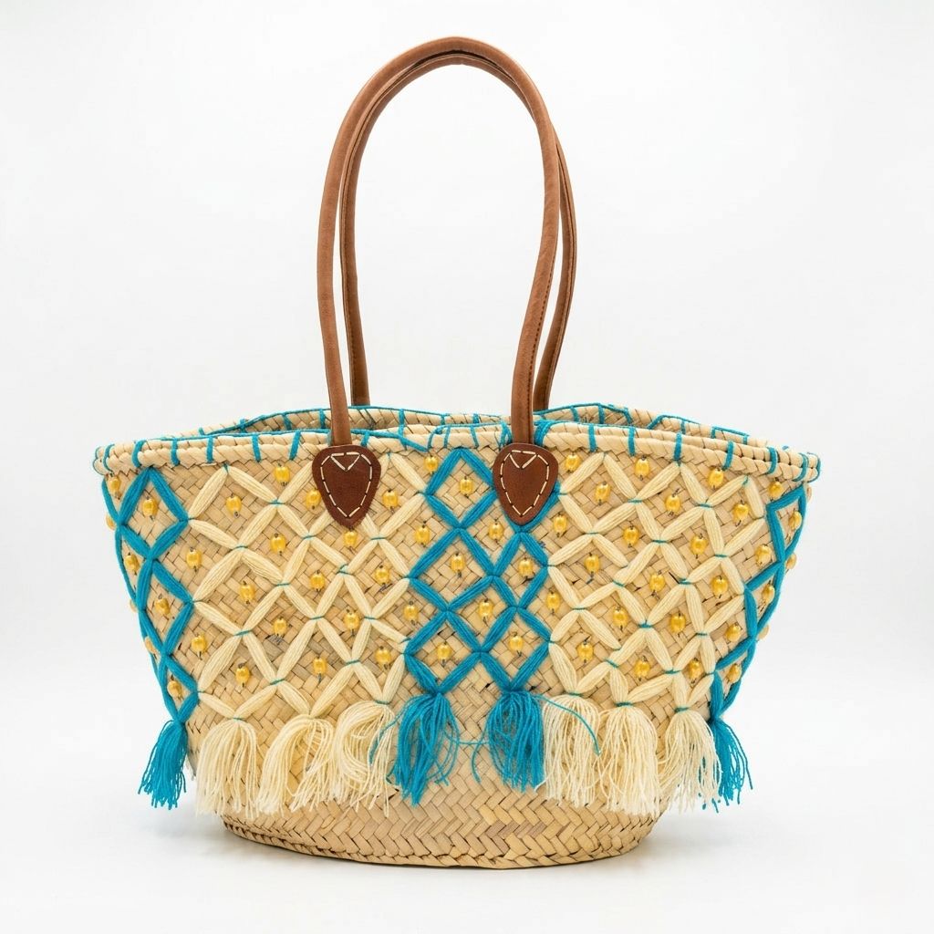 Moroccan turquoise bead basket bag with amber crystal beads, tassel fringe, and leather handles